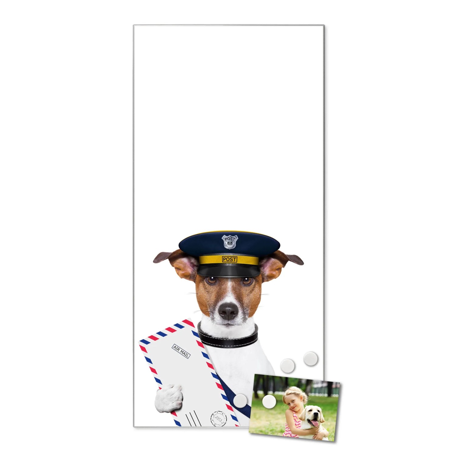 Magnettafel 37x78cm mit Jack Russel Motiv als Postbote, inkl. Magnete. Wanddekoration für Notizen.