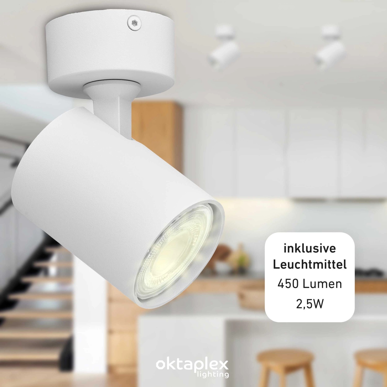 Weiße Oktaplex Bora Deckenleuchte mit schwenkbarem GU10 LED-Spot in moderner Küchenumgebung.