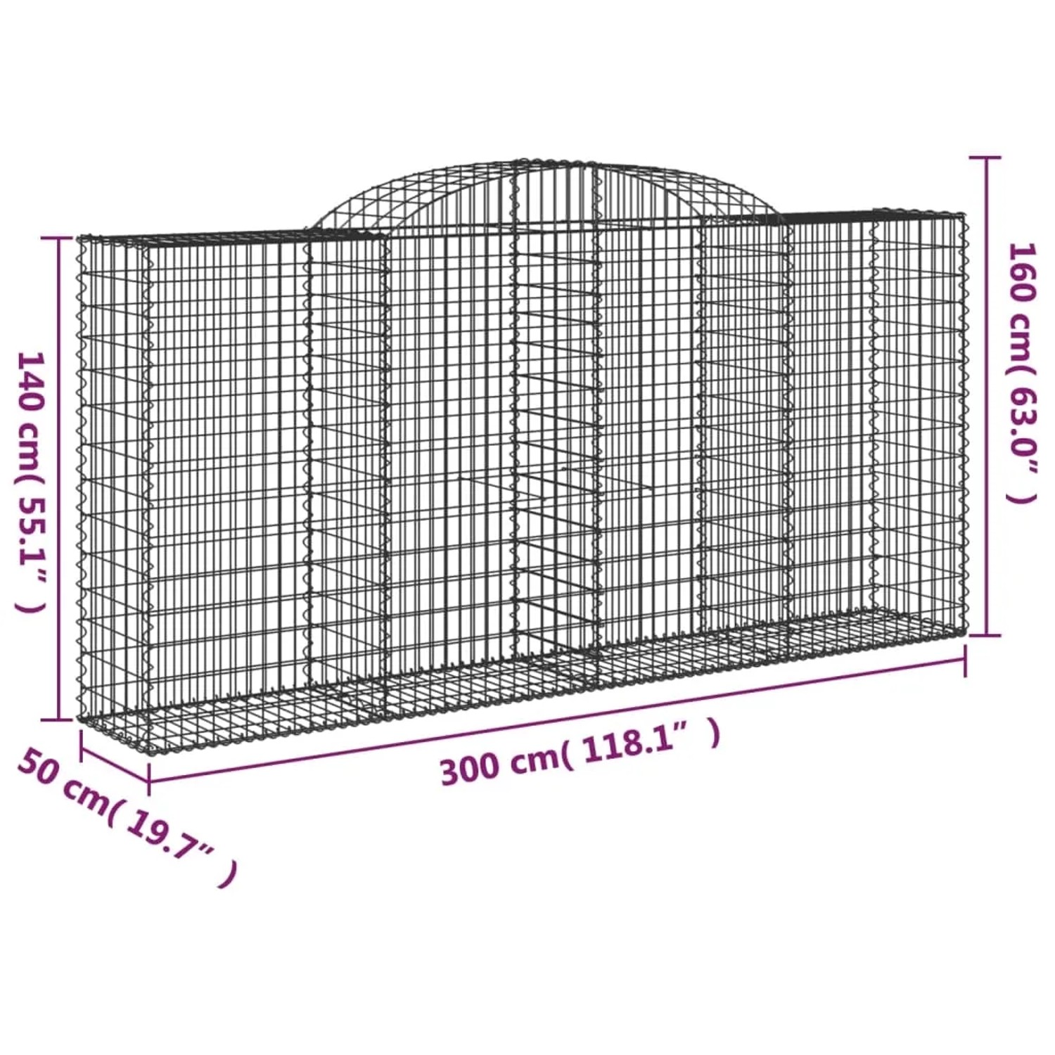 Leere, silberne vidaXL Gabione mit Hochbogen, 300x50x140/160 cm, aus verzinktem Eisen.