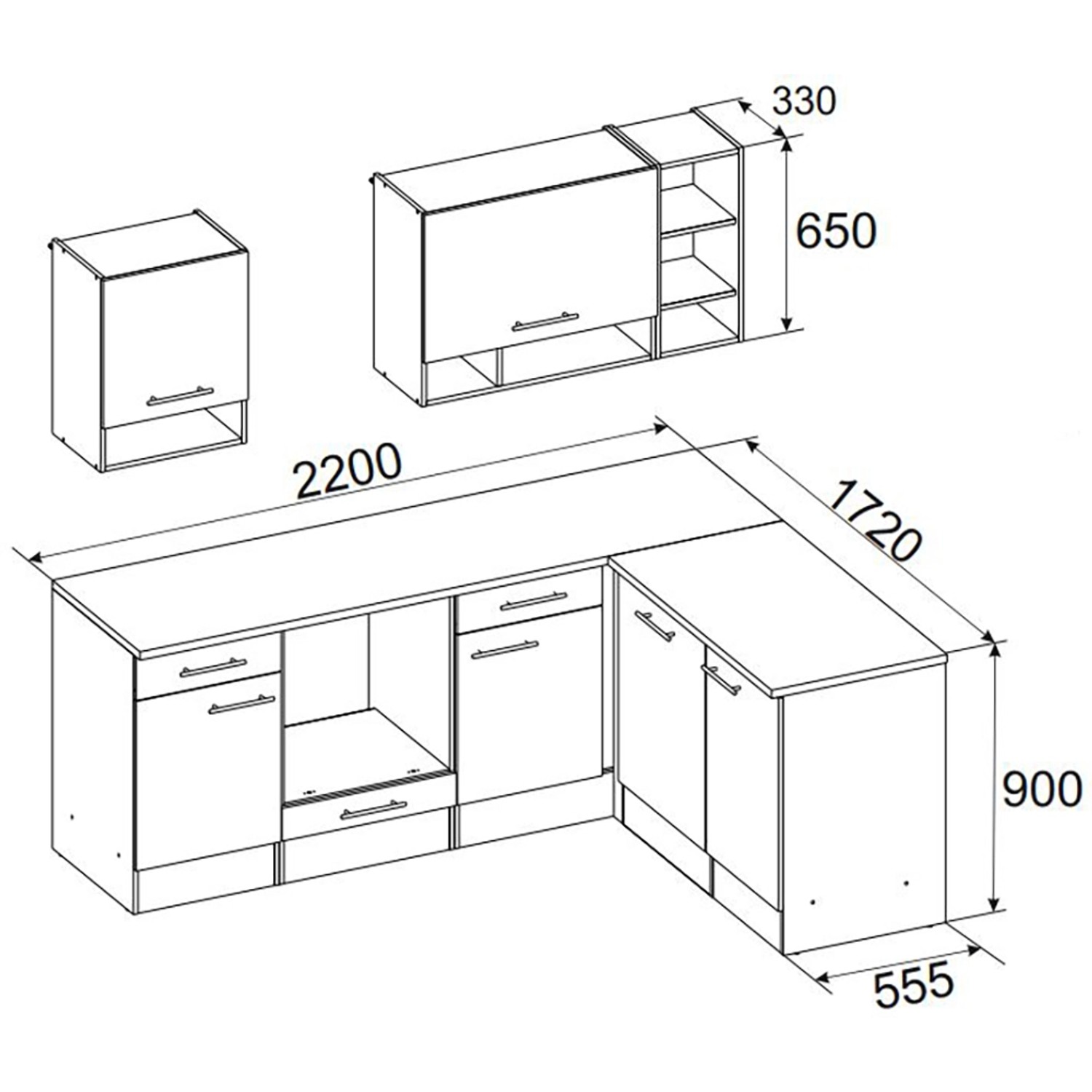 Skizze der Respekta Winkelküche in Grau-Wildeiche Optik, Maße 220x172cm, mit Hänge- und Unterschränken.