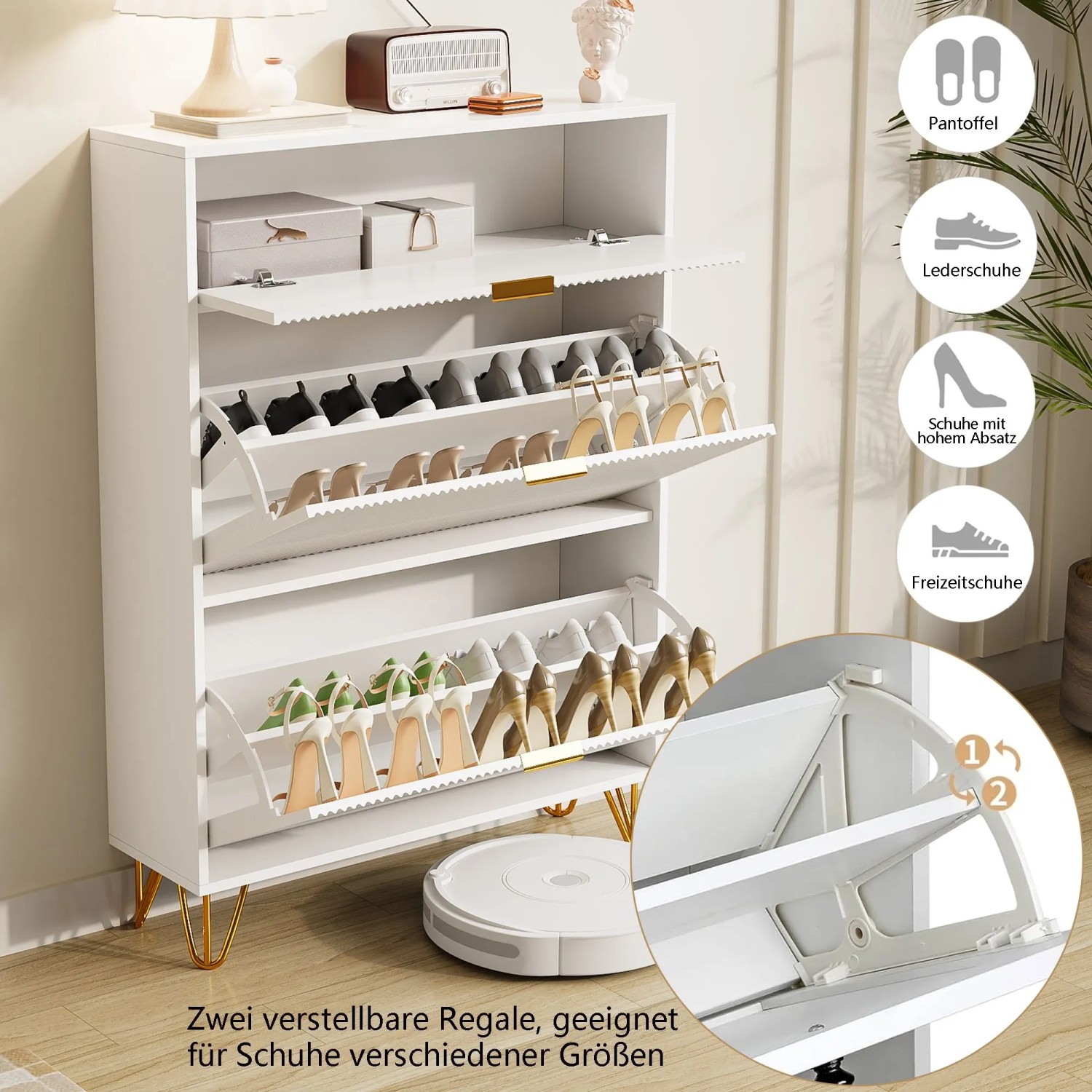 Weißer PXloue Schuhschrank mit Schuhklappen für Flur/Diele. Schuhkommode mit goldenen Füßen.