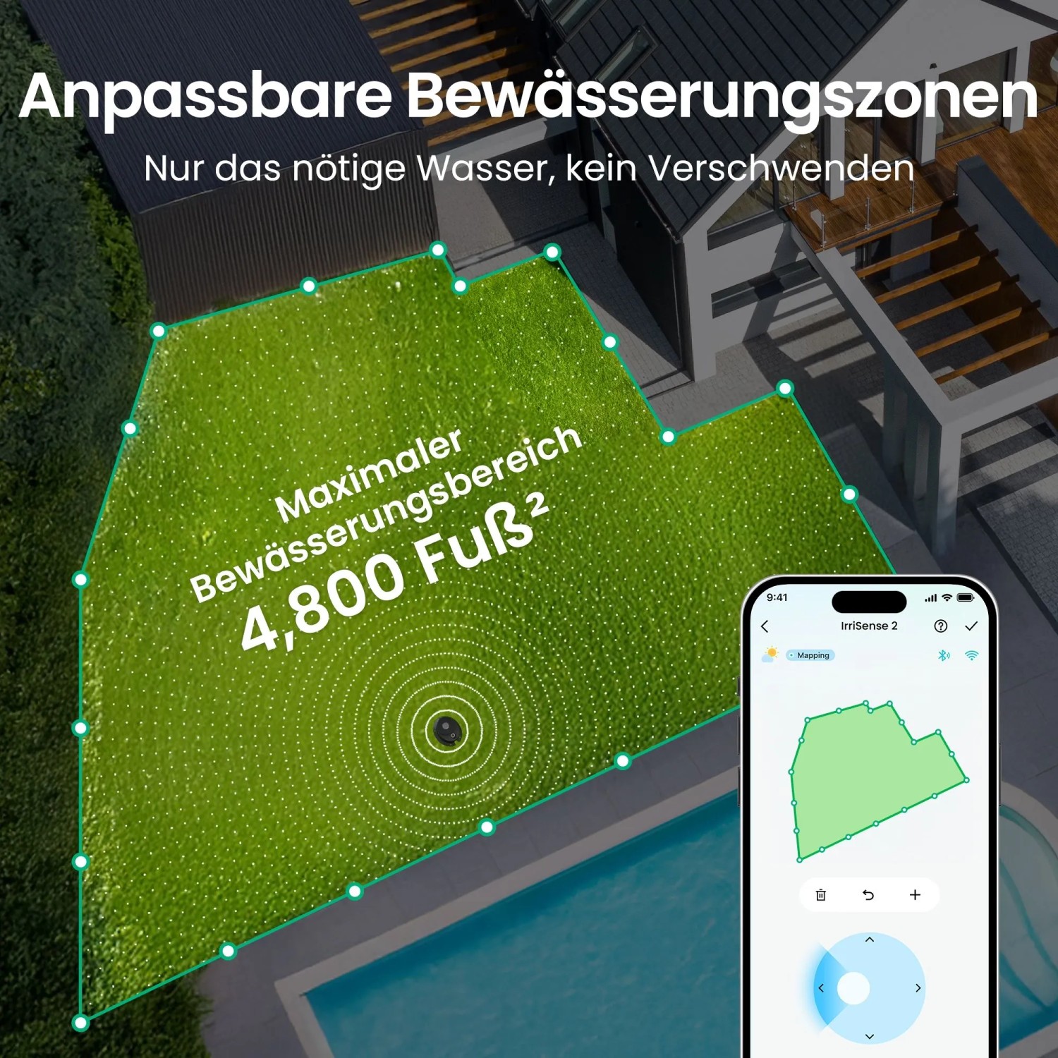 Aiper Irrisense 2 Bewässerungssystem: Rasenfläche mit Bewässerungszonen und App-Steuerung.