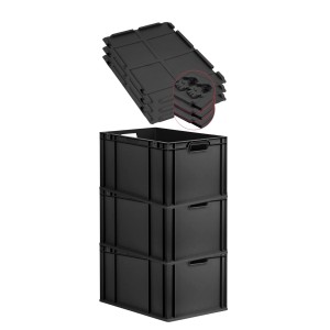 PROREGAL SuperSparSet: 3 schwarze Euroboxen mit Deckel, 65 Liter, stapelbar.