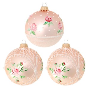 3 rosa Krebs Glas Lauscha Weihnachtskugeln (8cm) mit Rosen- und Stickoptik.