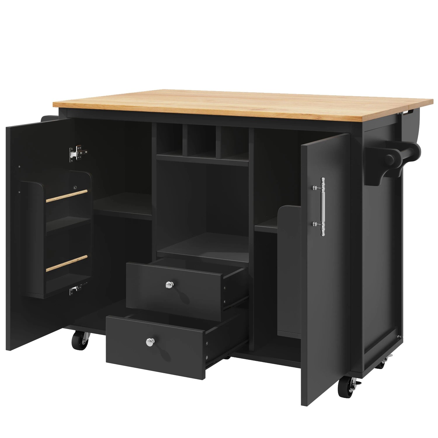okwish Kücheninsel mit Klappbarer Arbeitsplatte Stauraum Küche 120x73x92cm Schwarz