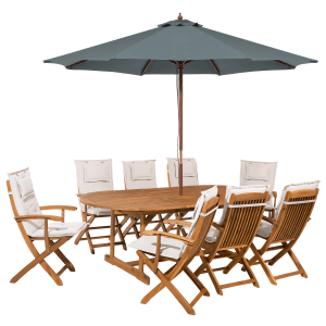 Beliani Gartentisch Set mit Schirm, grau, Holzfarben, weiß, 100x220x74 cm.