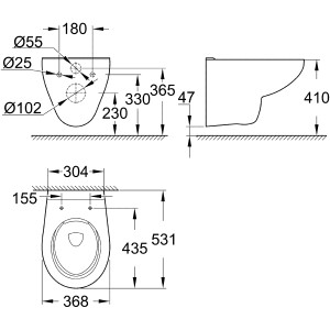 Technische Zeichnung: Grohe Bau Keramik Wand-WC, Tiefspüler, spülrandlos, Alpinweiß, mit Maßangaben.