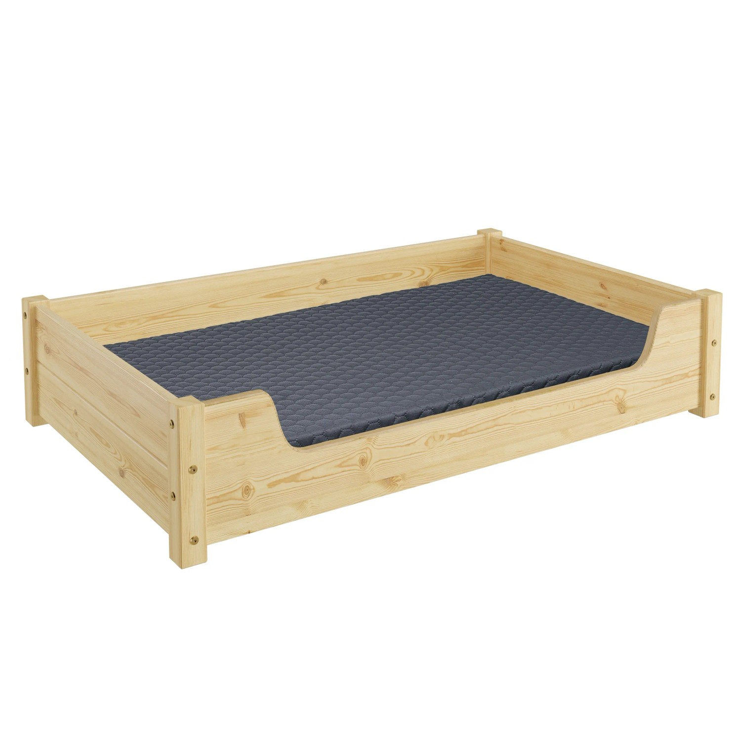 Hundebett aus Kiefernholz, 100x60 cm, mit Rollrost und grauer Matratze für große Hunde.