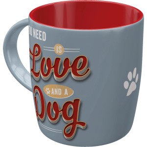 Nostalgic-Art Tasse Love Dog, graue Keramiktasse mit rotem Innenraum und Hunde-Motiv.