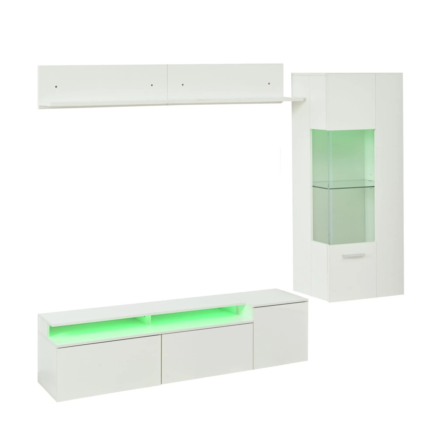 okwish Wohnwand Set mit LED Beleuchtung TV Schrank Vitrine Hängeregal 180x40x45cm Weiß