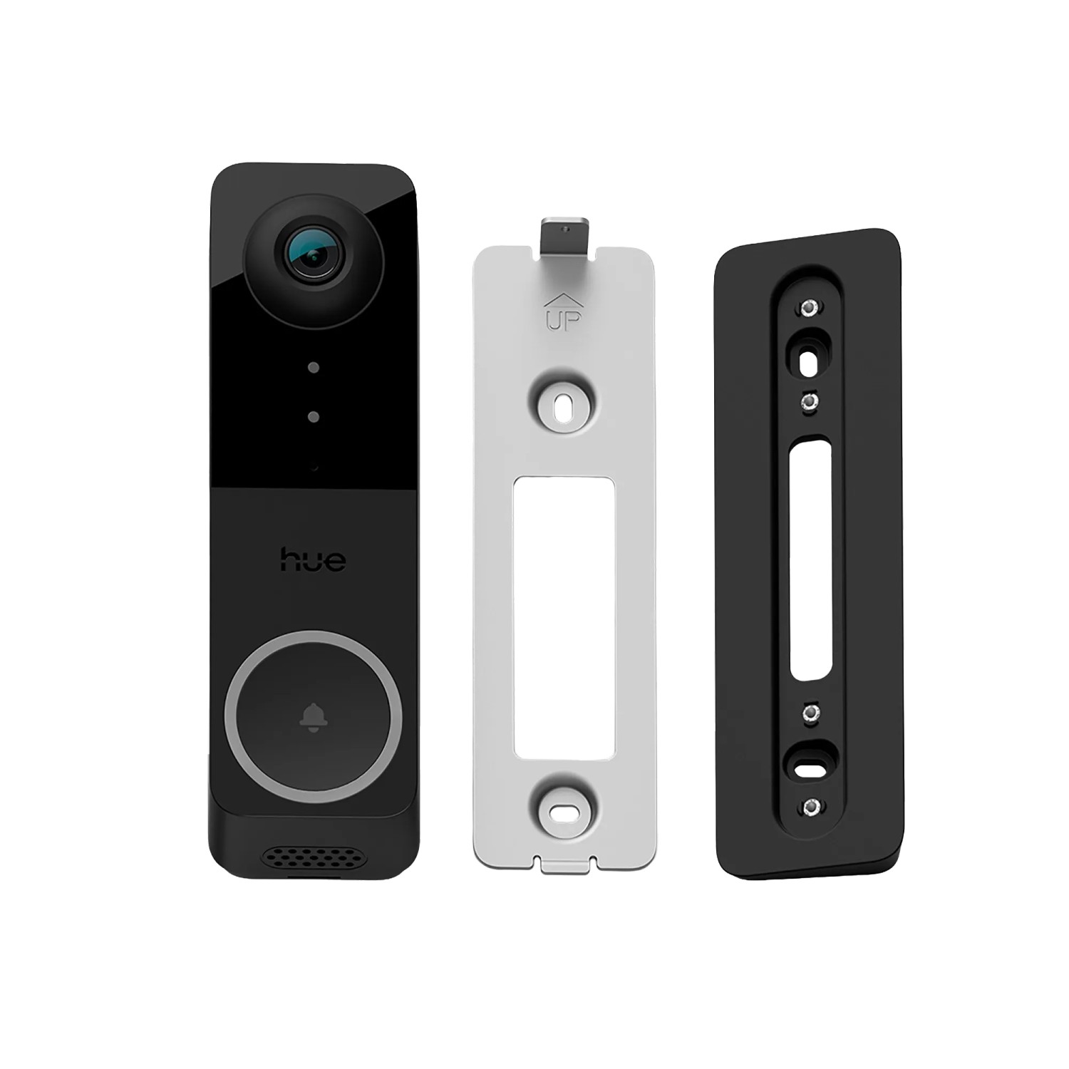 Philips Hue Türklingelkamera Secure, kabelgebunden, in Schwarz mit Montagezubehör.