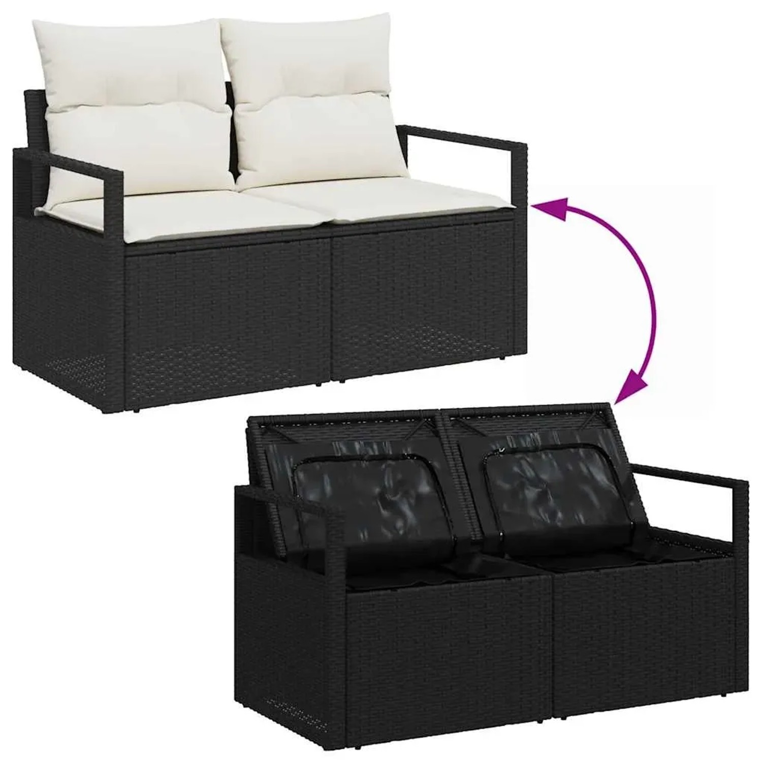 vidaXL Gartenmöbel Set, 6-teilig, schwarzes Poly Rattan, mit Kissen und Stauraum.