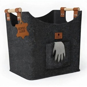 BLACK OAK Holzkorb MONTANA XL 60L Anthrazit aus Filz mit Echtleder Applikationen – Kaminholzkorb mit Griffen für Brennholz Innenbereich