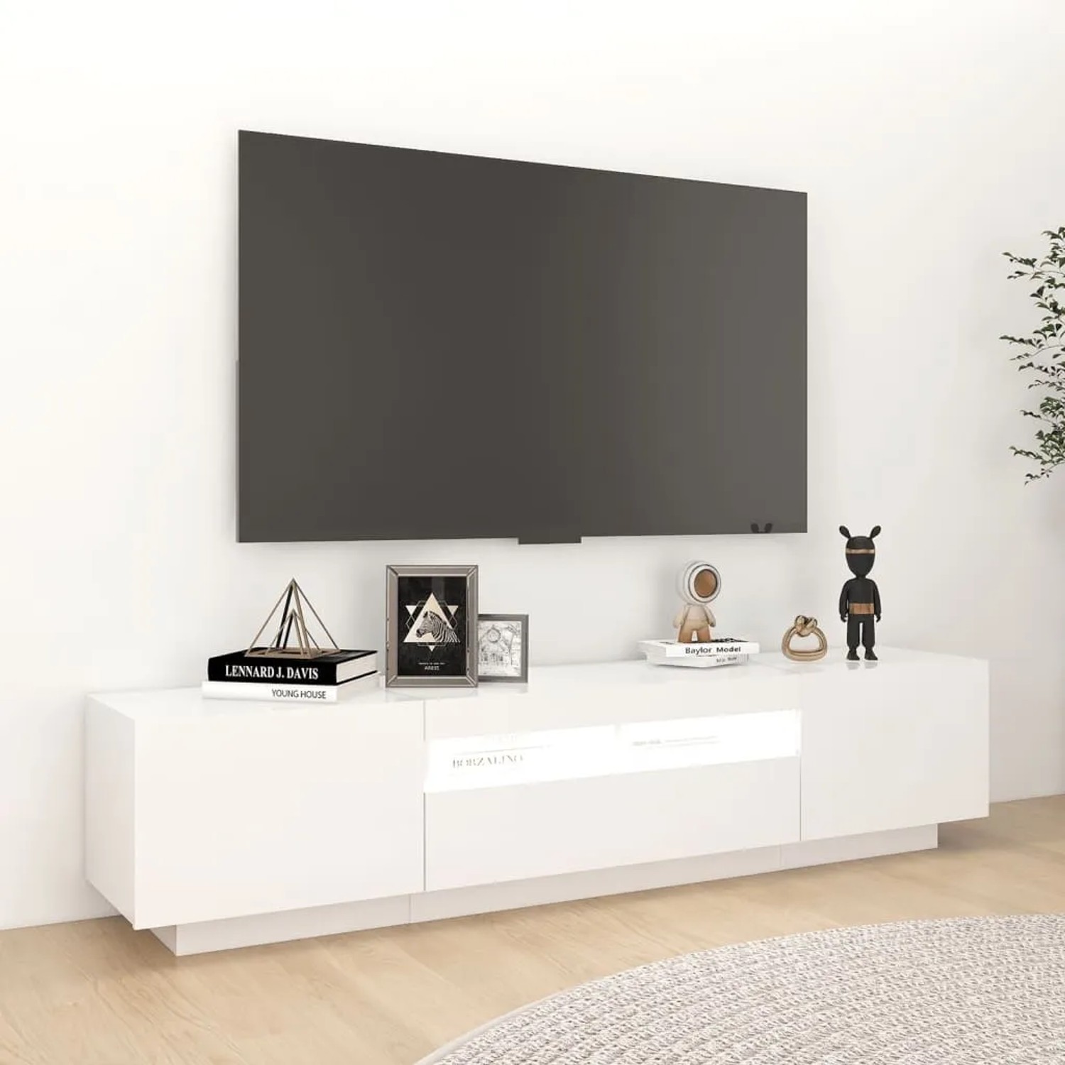Weißer TV-Schrank mit LED-Beleuchtung, 180 cm breit.