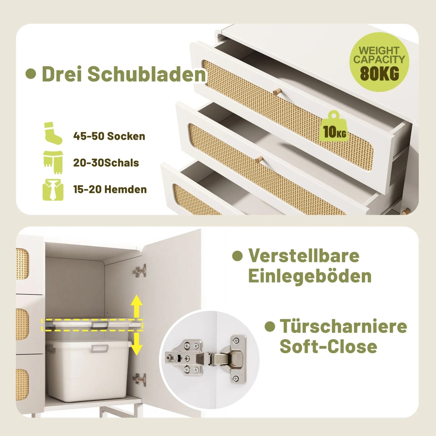 Detailansicht der Merax Kommode: offene Rattan-Schubladen, Goldgriffe, verstellbare Einlegeböden, Soft-Close Scharniere.