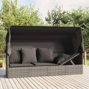vidaXL Outdoor-Loungebett mit Dach und Kissen Grau Poly Rattan 319568