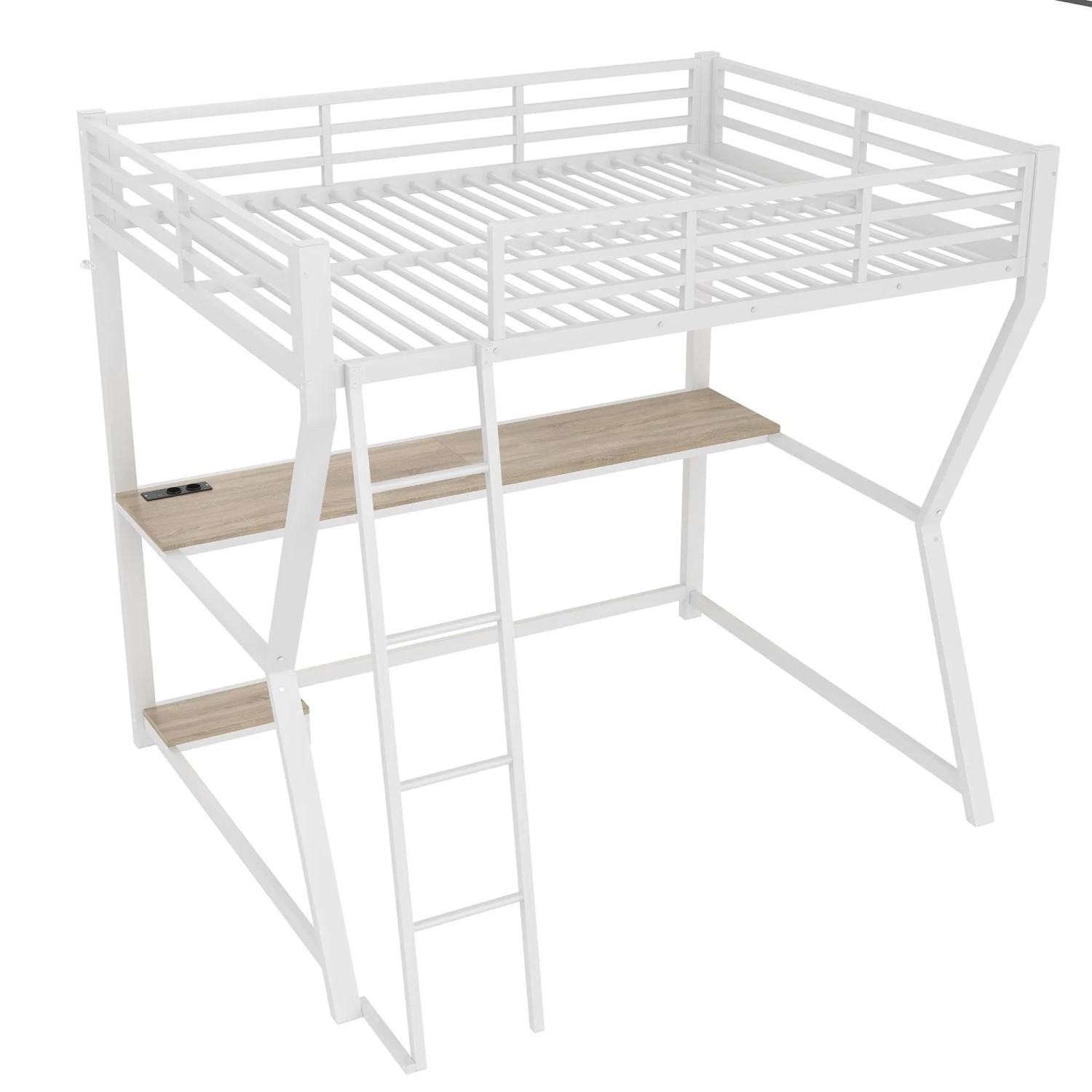 okwish Hochbett 140x200cm mit Schreibtisch und LED Leuchten Weiß ohne Matratze