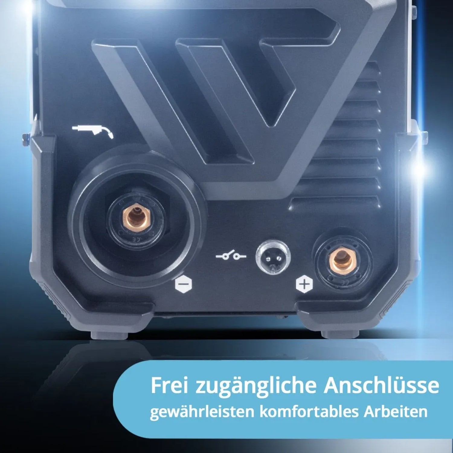 Detailaufnahme: STAHLWERK FLUX 160 ST Digital Schweißgerät, Frontansicht mit Anschlüssen.