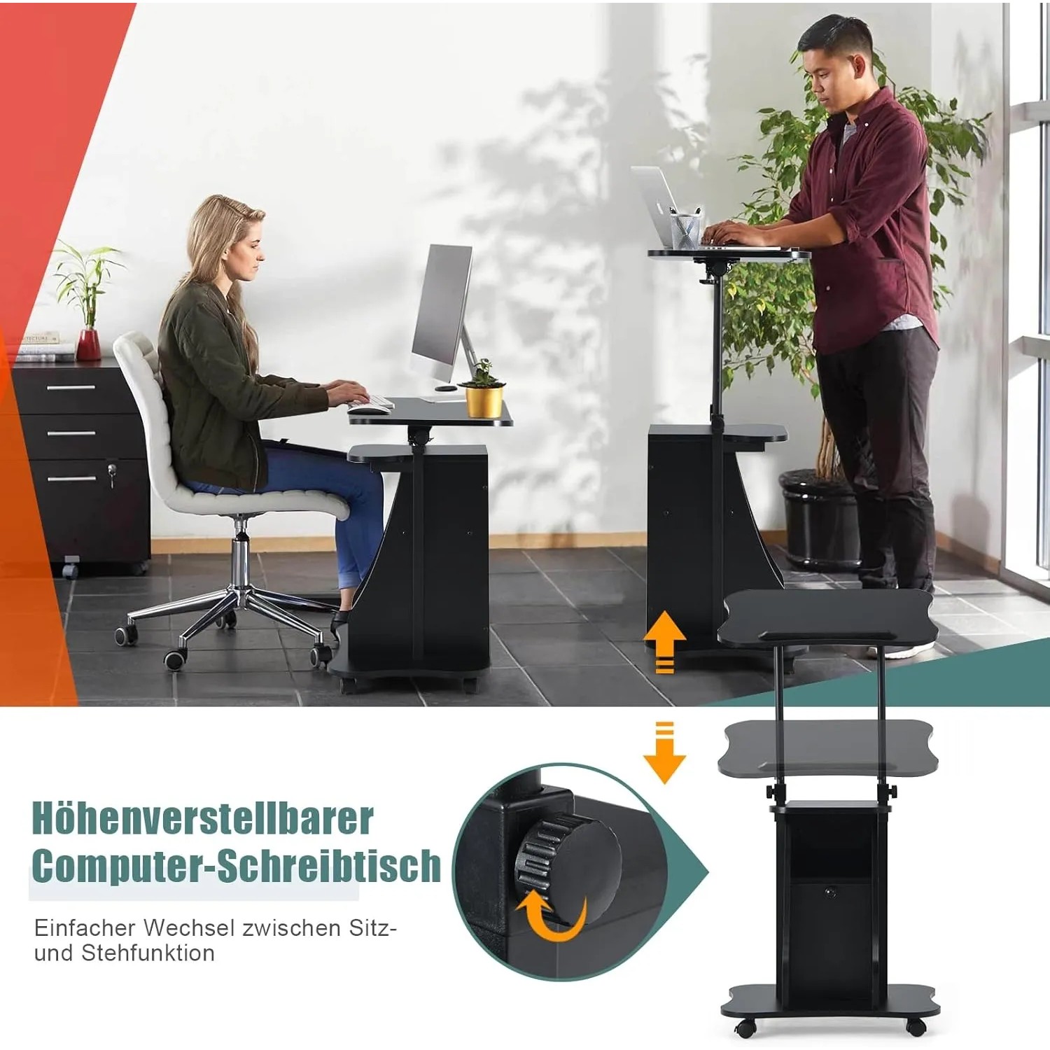 Costway Stehpult, höhenverstellbarer Bürotisch auf Rollen, schwarz. Personen sitzen und stehen an dem Tisch.