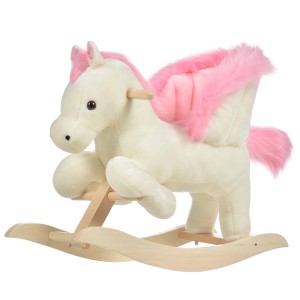 HOMCOM Schaukelpferd mit Sound, weiß/rosa Plüsch, Holzschaukel für Kinder.