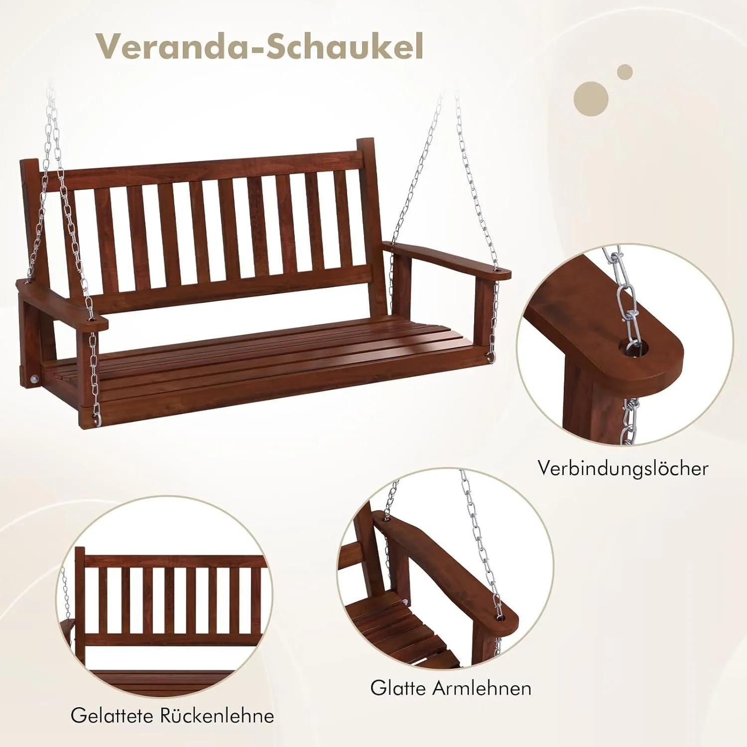 Costway Hängebank aus Holz, 3-Sitzer Gartenschaukel mit Ketten zum Aufhängen, braun.