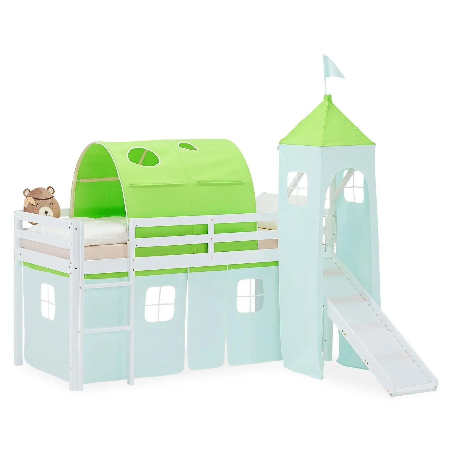 Homestyle4u Kinder Hochbett 90x200 Rutsche Vorhang Grün Kinderbett 2971