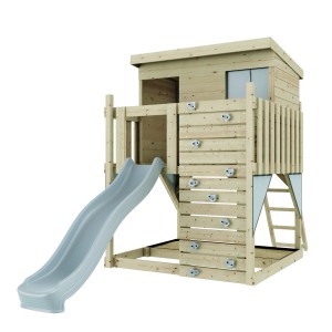 PolarPlay Stelzenhaus Polarstern Eisblau mit Rutsche und Kletterwand aus Holz.