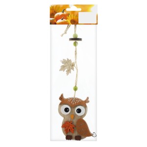 Holzhänger Eule, 7x26cm, braun, mit Blatt und Perlen, Herbstdeko für Innenräume.