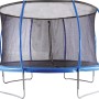Blaues Gartentrampolin, rund, Ø 427 cm, mit Sicherheitsnetz für sicheren Springspaß im Garten.
