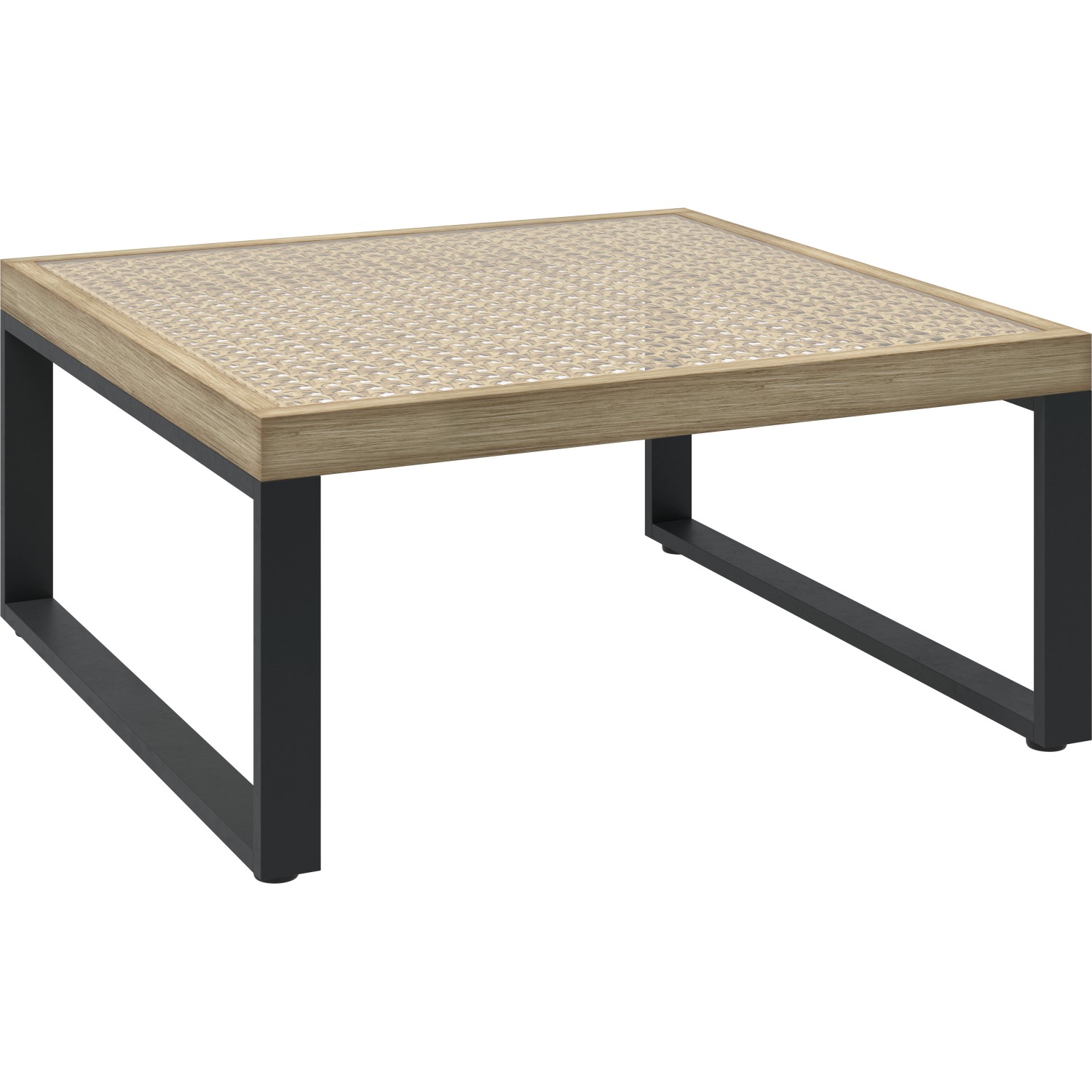 Quadratischer Tisch aus dem Lounge-Set Calora mit Rattangeflecht und anthrazitfarbenem Aluminiumgestell.