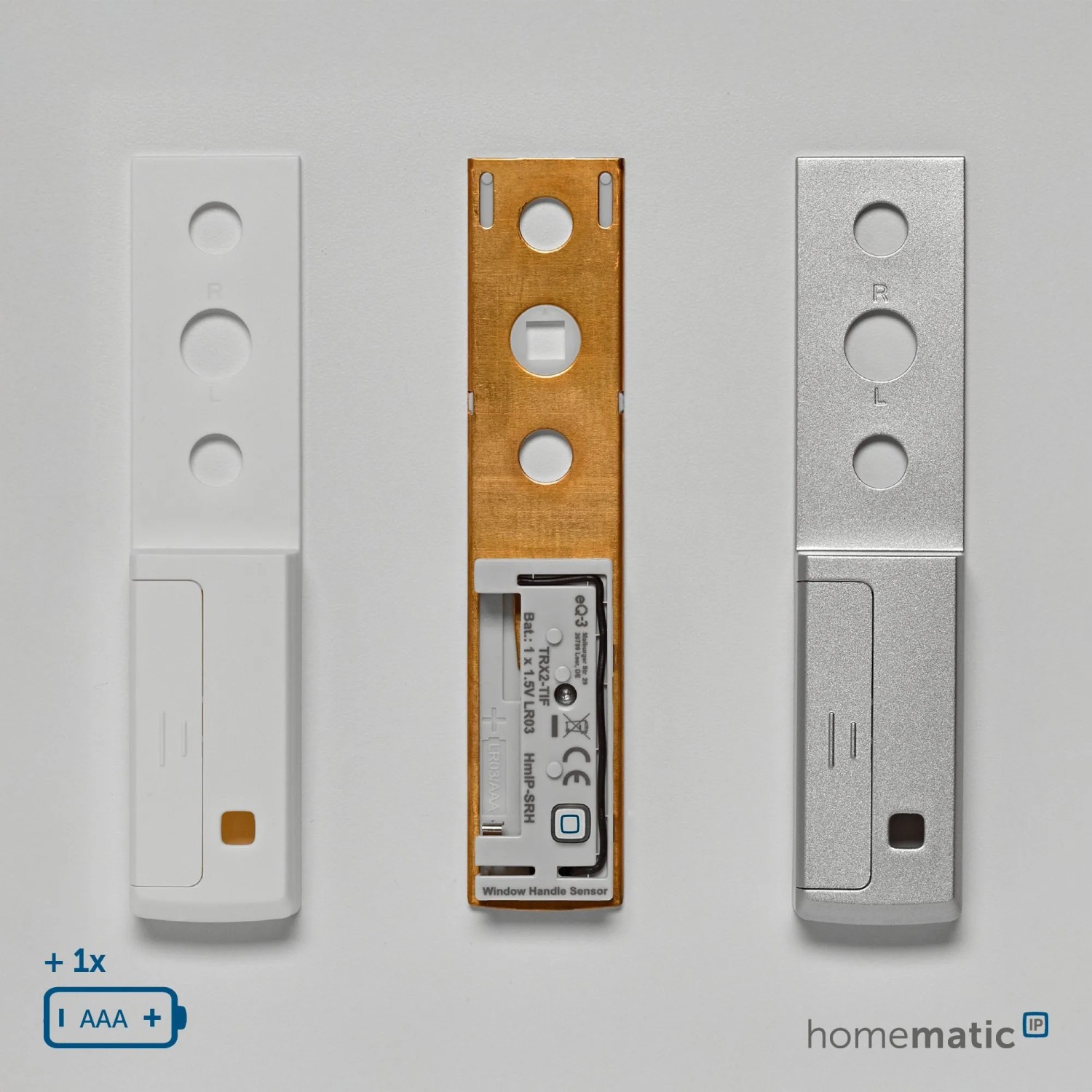 HmIP Fenstergriffsensor in Weiß, Silber und geöffnet mit Batteriefach für Hausautomation.