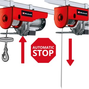 Einhell TC-EH 500 Seilhebezug mit Drahtseil, Lasthaken und rotem "Automatic Stop" Schild.