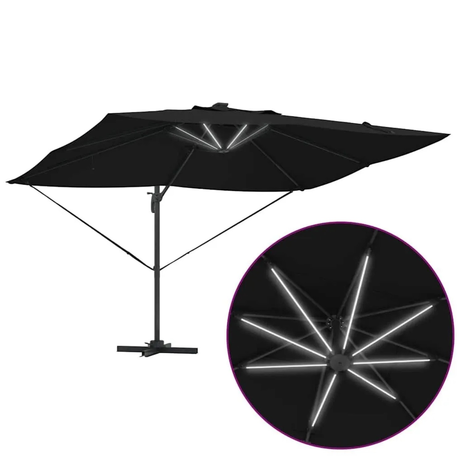 Schwarzer vidaXL Ampelschirm Roma mit LED-Beleuchtung für Garten und Terrasse.