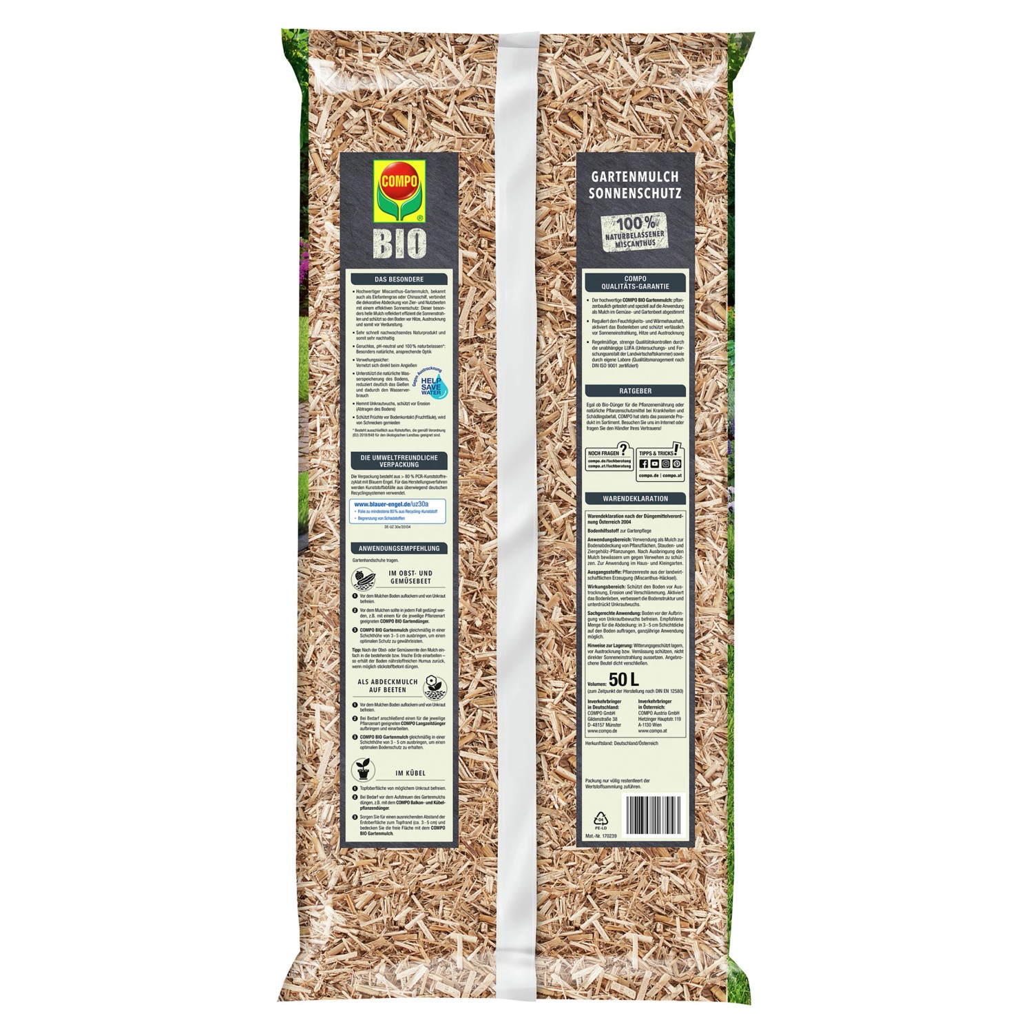 Sack Compo Bio Gartenmulch mit Sonnenschutz, 50 l, aus Miscanthus.