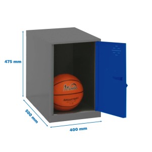 PROREGAL Schließfachwürfel in Blau-Anthrazit mit geöffneter Tür und Basketball im Fach.