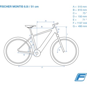 Skizze des Fischer E-Bike Montis 6.0i (51cm) mit Maßangaben.