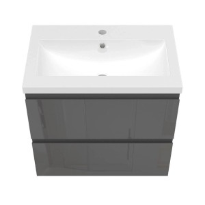 Waschtisch Zwenia 60cm mit Keramik Waschbecken und anthrazit Hochglanz Unterschrank, 2 grifflosen Schubladen.