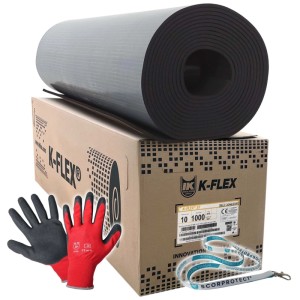 Scorprotect K-Flex ST Isolierplatte, selbstklebend, 10mm stark, mit Zubehör und Arbeitshandschuhen.