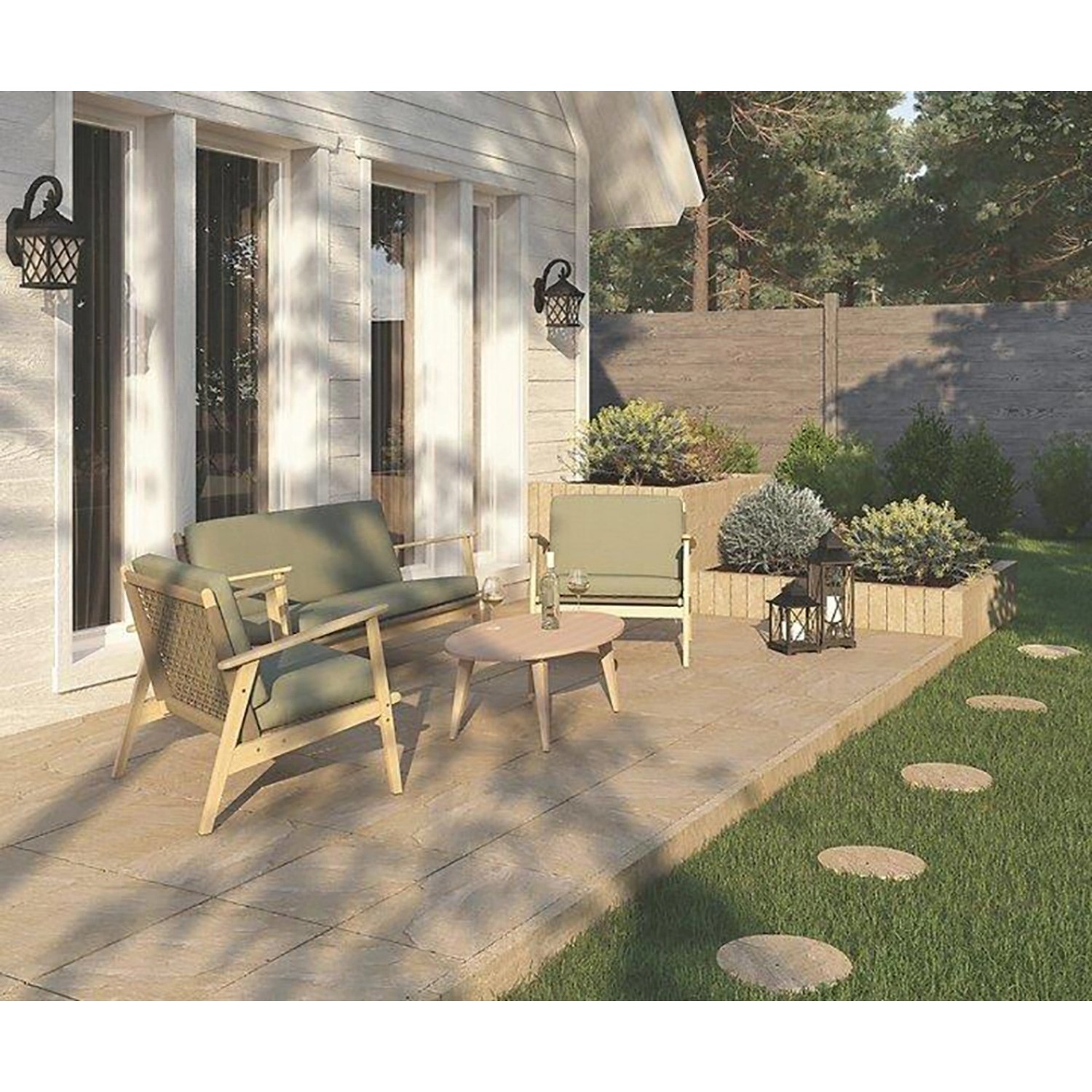 Verlegter Naturstein-Trittstein Gold-Braun Ø 30 cm im Gartenweg.