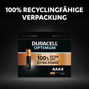 Duracell Optimum AAA Batterien, 8er-Pack. Alkaline-Batterien in recycelbarer Verpackung.