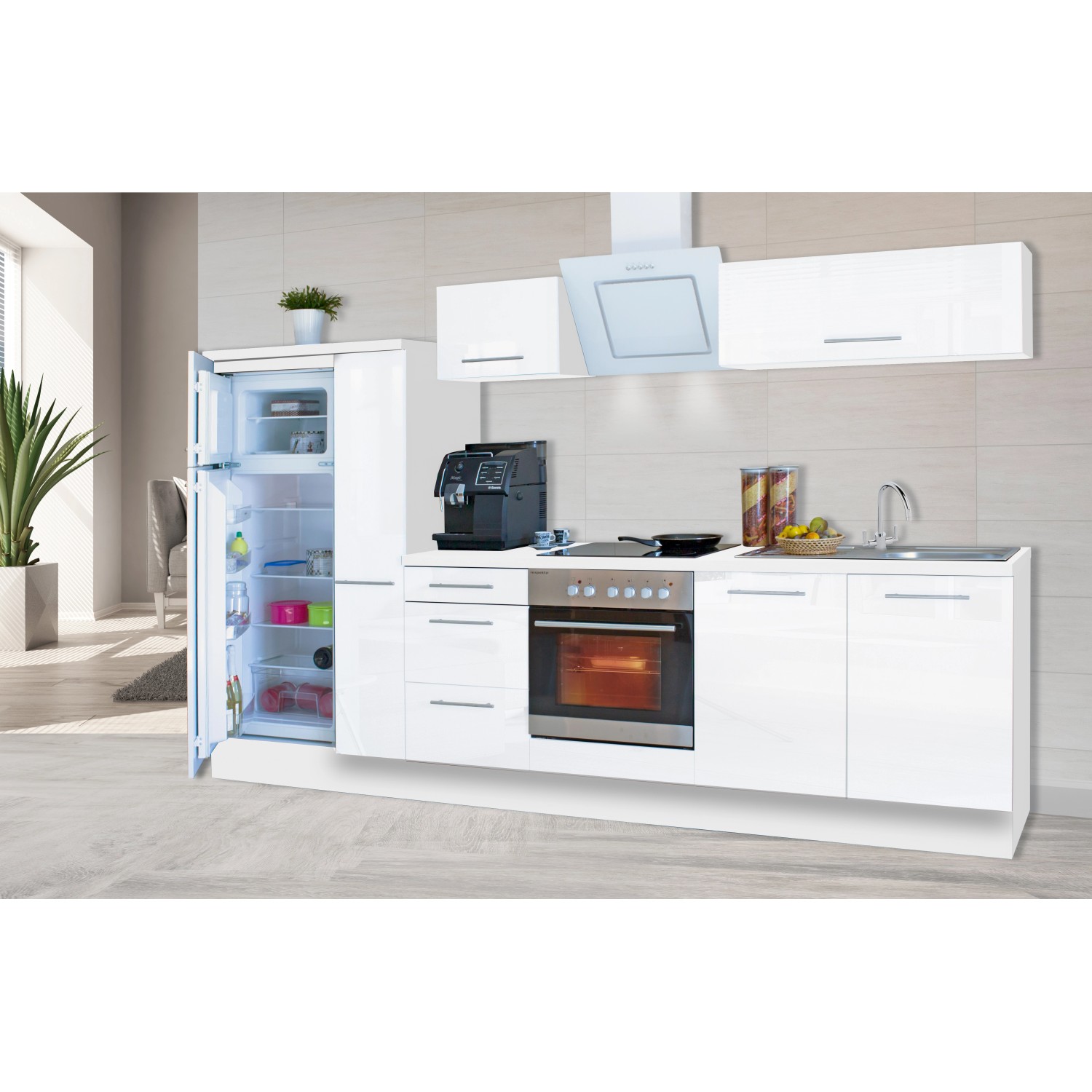 Respekta Premium Küchenzeile 300 cm in Weiß Hochglanz mit E-Geräten und viel Stauraum.