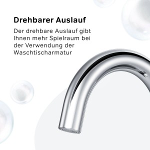 Nahaufnahme einer AM.PM Waschtischarmatur aus Chrom mit drehbarem Auslauf.