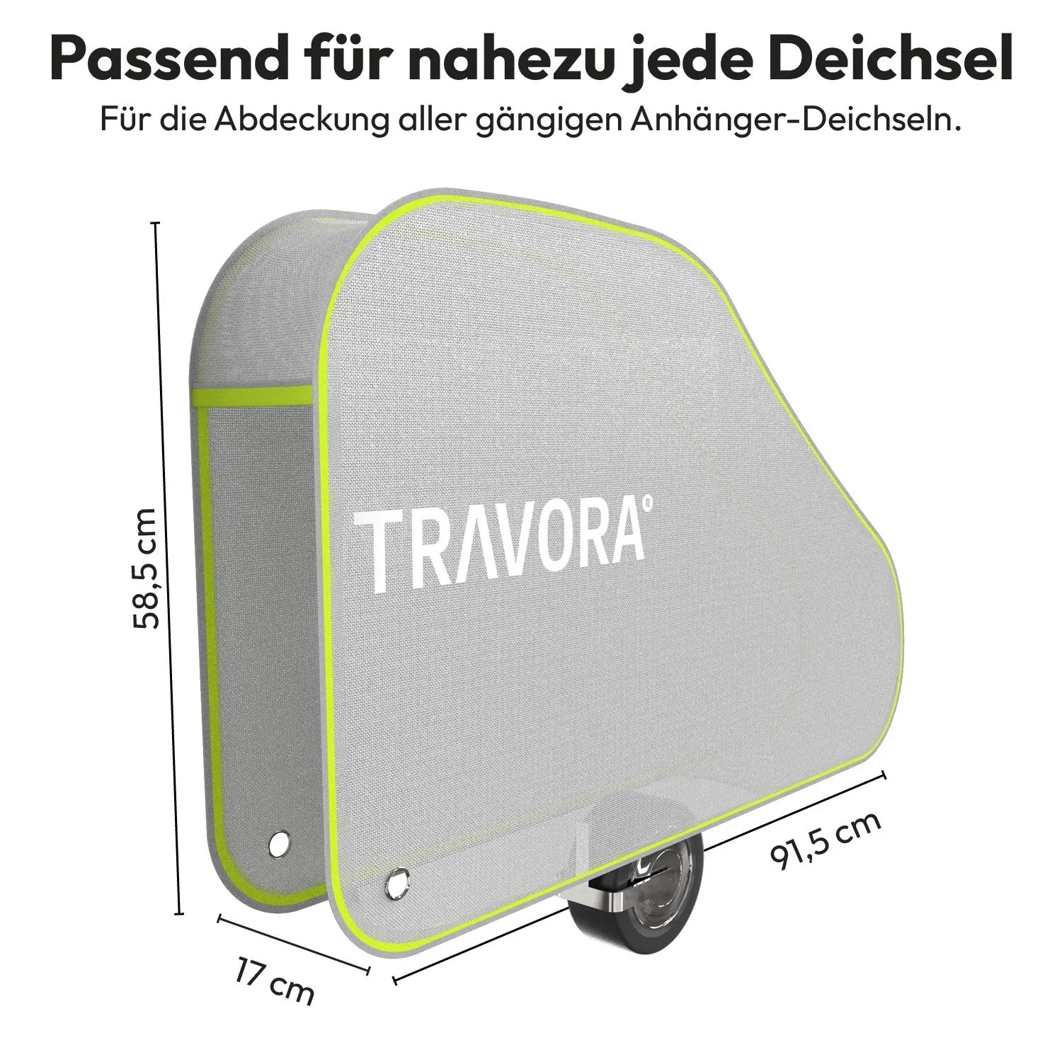 TRAVORA Deichselabdeckung grau mit gelbem Rand, Maße 91,5x17x58,5 cm. Universelle Schutzhülle für Wohnwagen & Anhänger.