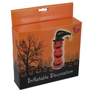 Verpackung der aufblasbaren Halloween-Figur: gestapelte Kürbisse mit Hexenhut, 120 cm. Dekorative Figur.