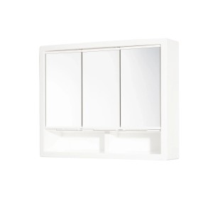 Weißer Jokey Spiegelschrank Ergo, 61,8 cm breit, mit drei Türen und offener Ablage.