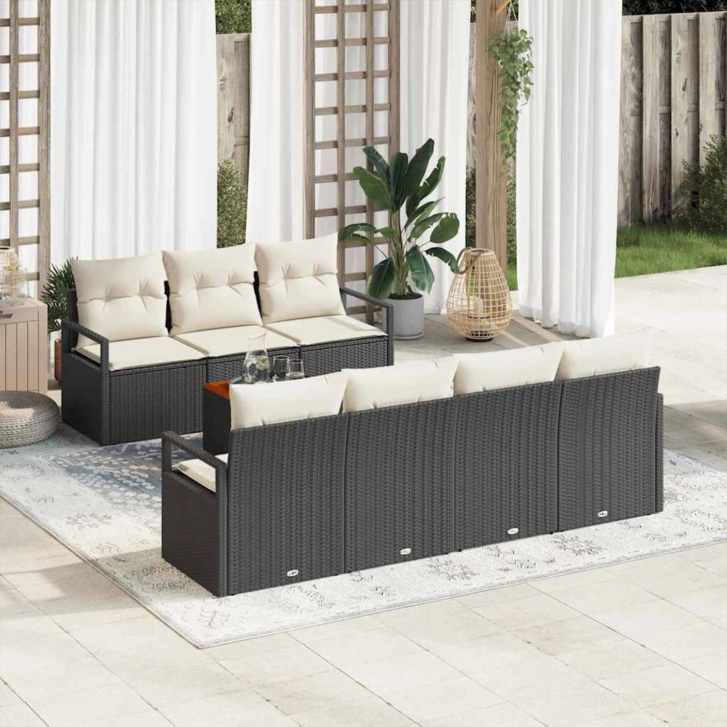 vidaXL Garten-Sofa-Set, 8-teilig, schwarz, Poly Rattan. Gartenmöbel-Set mit Tisch und Kissen.