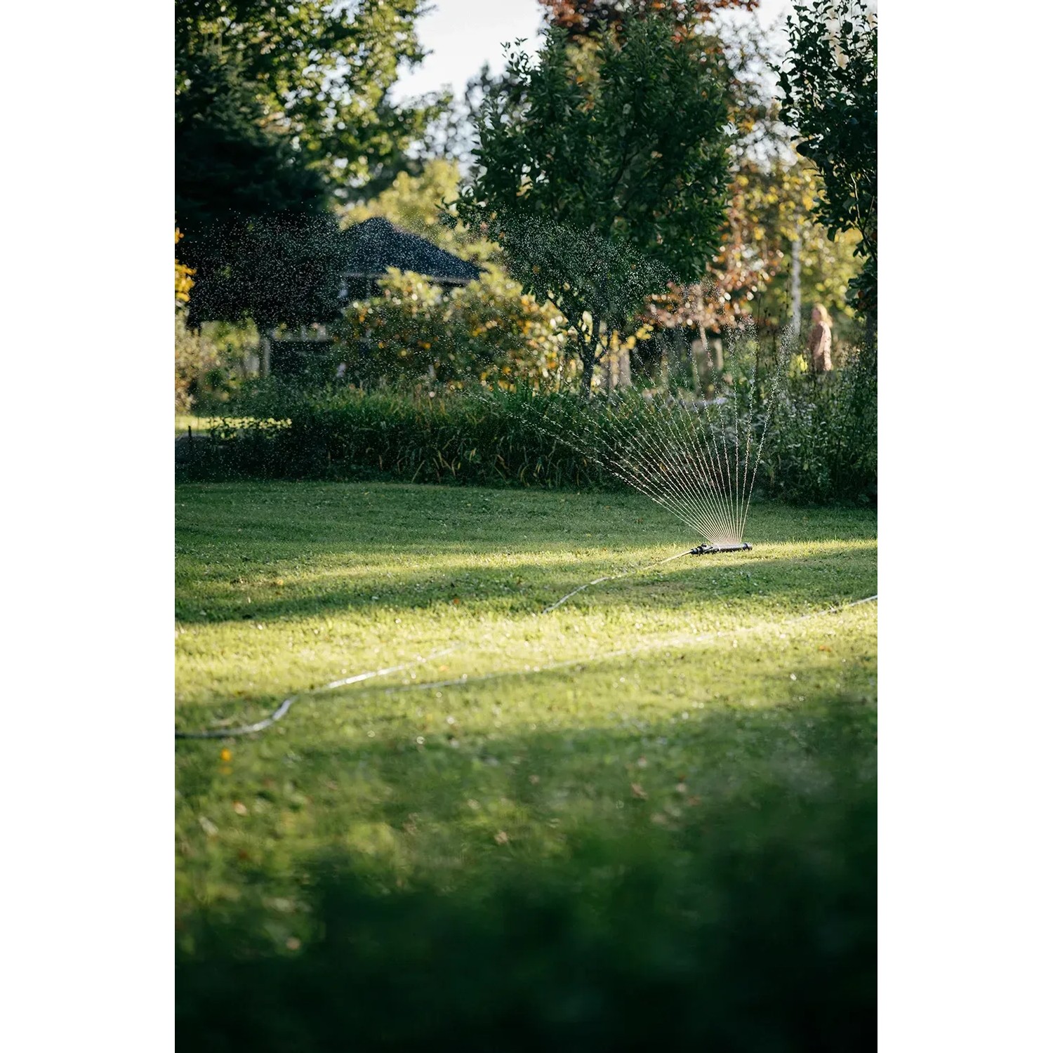 Fiskars Comfort S-M oszillierender Regner bewässert Rasenfläche im Garten.