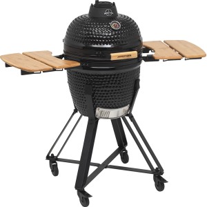 Schwarzer Jamestown Keramik-Holzkohlegrill Marwin M mit Bambus-Seitentischen und Rollen.