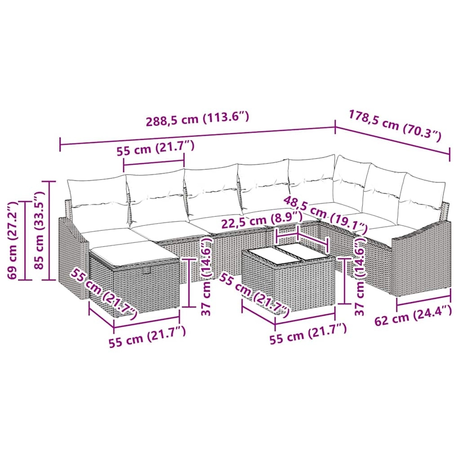 Beiges 9-teiliges Garten-Sofa-Set aus Poly Rattan mit Maßen.