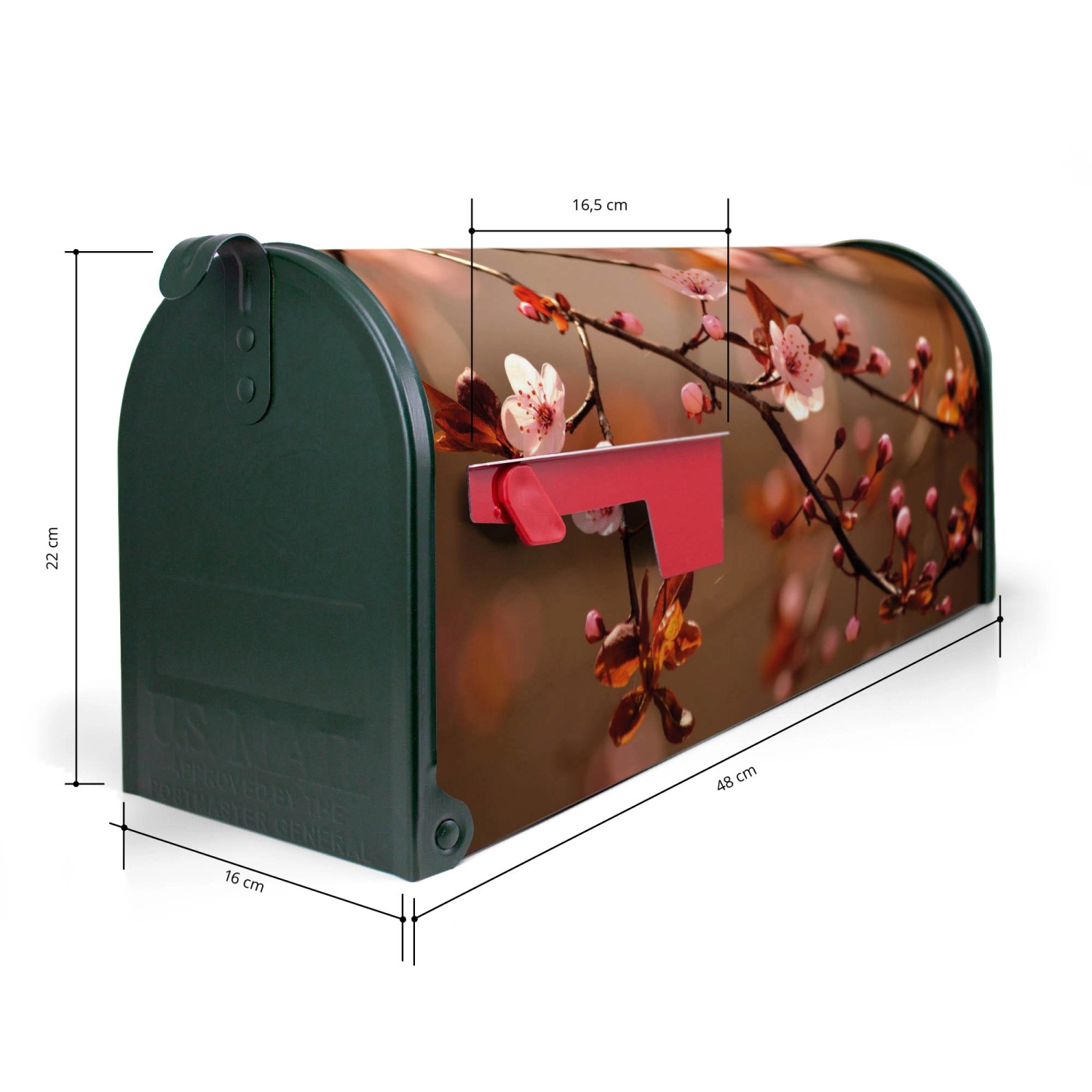 Grüner US Briefkasten mit Kirschblüten Motiv, 48x22x16cm. Stahl, pulverbeschichtet.